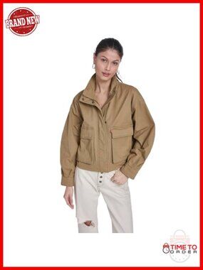 Cropped Cotton Surplus Jacket with Stand Collar and Snap Front